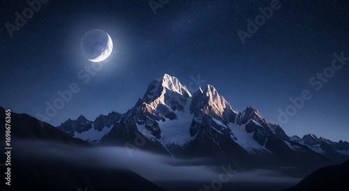 Majestic Snowcapped Peaks Under Crescent Moon and Starry Night