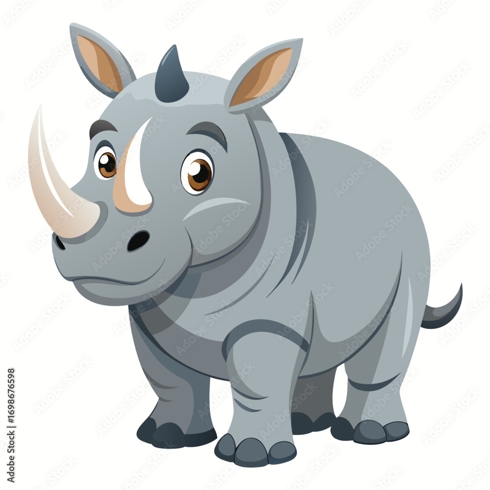 Fototapeta premium Adorable cartoon rhino with a friendly expression, great for children's books, educational materials, and wildlife conservation campaigns, showcasing a love for animals