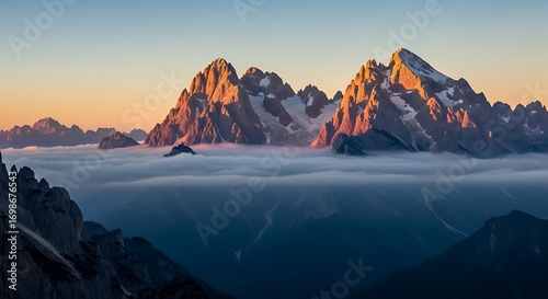 Majestic Mountain Peaks Pierced by Sunrise Through a Sea of Clouds