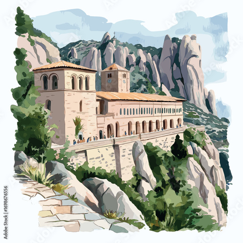 Montserrat Monastery. Montserrat Monastery watercolor vector illustration
