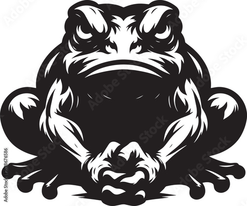 Intense black and white frog portrait with grumpy expression and detailed texture