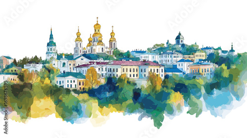 Kyiv Pechersk Lavra. Kyiv Pechersk Lavra watercolor vector illustration