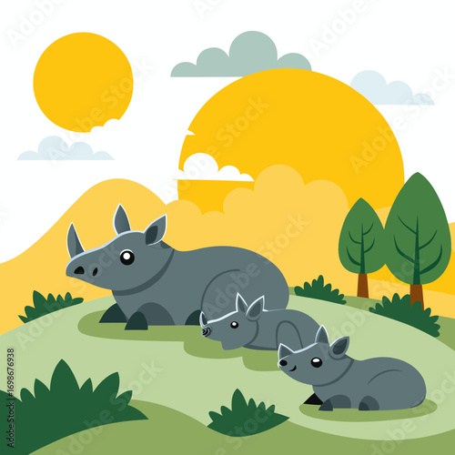 Adorable rhino family enjoying a sunny day in the savanna, a heartwarming wildlife scene perfect for children's books and educational materials, showcasing the beauty of nature