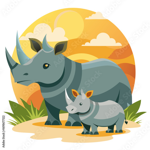 Adorable rhino family illustration showcasing wildlife conservation with a mother and baby rhino together in a sunny landscape, perfect for educational materials and nature projects