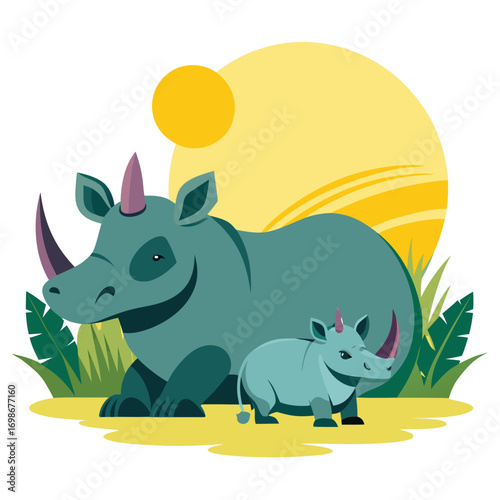 Delightful rhino family in serene jungle setting, a sweet animal cartoon ideal for children's books, educational resources and vibrant wildlife-themed illustrations, perfect for promoting conservation