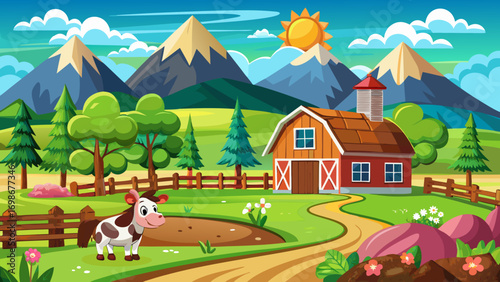  landscape cartoon spring happy farm - flat ground with vibrant grass at very front down, farm wooden building at the middle, some fences and happy cow, trees at the around and mountains at far, solid