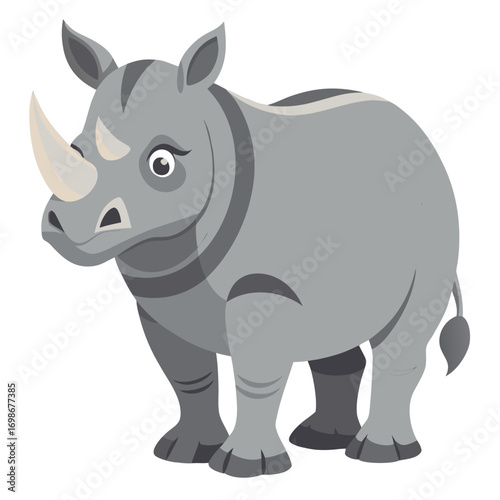Adorable rhino character illustration for children's books and educational materials, featuring a friendly smile and charming design, ideal for wildlife conservation campaigns