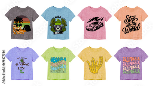 Collection of colorful children s t shirts with graphic prints isolated on transparent background