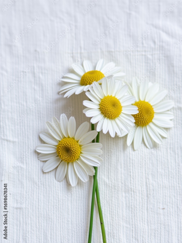 Obraz premium Delicate white daisy flowers with bright yellow centers arranged on a textured white background