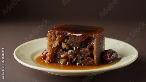 Indulgent sticky toffee pudding with rich caramel sauce and dates on a classic plate