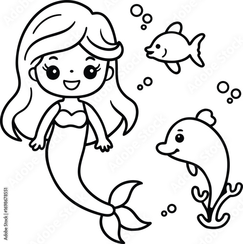 A set of happy cartoon sea animals with a smile, including a dolphin and octopus, for a fun underwater coloring book