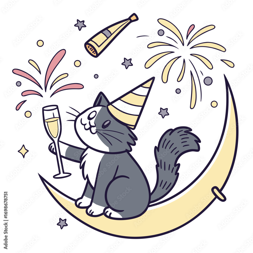 Obraz premium SVG art: A Loving Maine Coon in a New Year celebration vibe with sitting on a moon, tinted with Midnight Sparkle tones