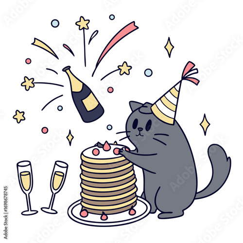 Whimsical Maine Coon feeling Bashful in a New Year celebration setting with balancing a stack of pancakes – colored in Midnight Sparkle