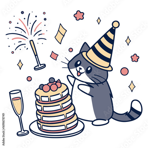 Whimsical Maine Coon feeling Bashful in a New Year celebration setting with balancing a stack of pancakes – colored in Midnight Sparkle