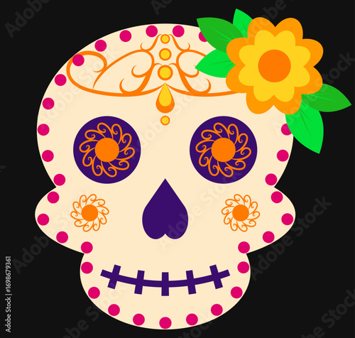 Dia de Muertos Sugar Skull with Flowers Mexican Day of the Dead Illustration Colorful Dia de Muertos sugar skull decorated with flowers and ornaments. Traditional Mexican Day of the Dead illustration 
