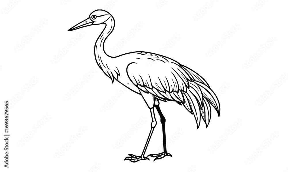 Fototapeta premium Crane Kids t shirt design silhouette and vector line art, High-Quality Illustration, Ideal for Relaxation and Stress Relief, Perfect for Adult Coloring Books and Printable Art Therapy.