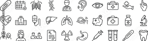 Collection of minimalist line icons representing diverse hospital and medical concepts vector