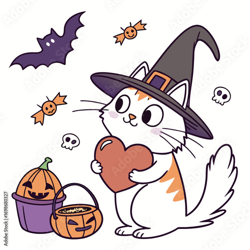 Cute SVG of a Dreamy Maine Coon in Spooky Fun colors, featuring holding a heart in a Halloween setting