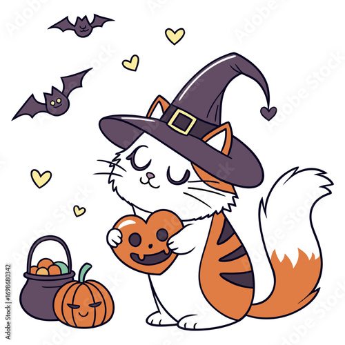 Cute SVG of a Dreamy Maine Coon in Spooky Fun colors, featuring holding a heart in a Halloween setting