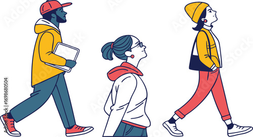 Diverse group walking, looking up with hope, positive future, and modern style concept design