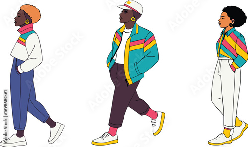 Stylish diverse young adults in retro inspired fashion walking together, embracing individuality and vibrant street style