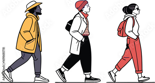 Diverse young adults walking together, modern fashion, urban lifestyle, youth culture