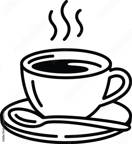 Steaming cup of coffee with spoon on saucer, a warm and inviting beverage illustration.