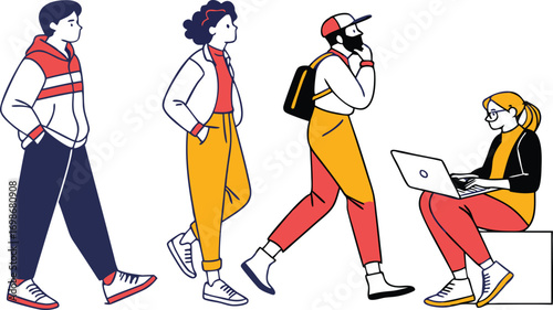 Diverse group of young adults walking and working outdoors, a modern urban scene, originally vector