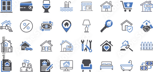 Collection of real estate icons representing property services and home features vector