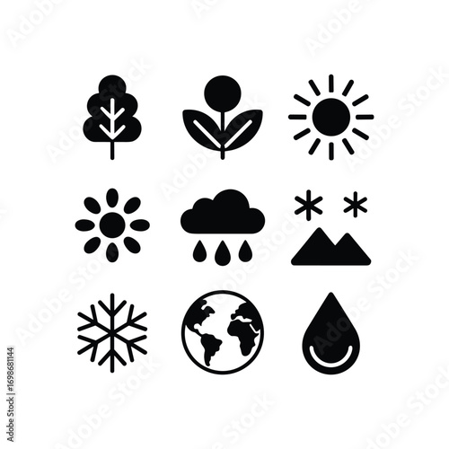 Collection of nature weather seasons and earth icons representing natural elements and climate changes