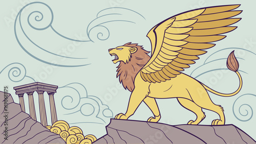 Illustration of a griffin standing on a cliff with ancient ruins and swirling clouds in the background