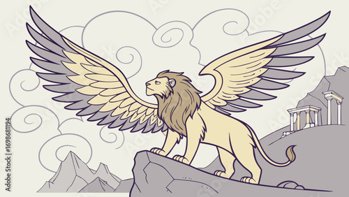 A winged lion standing on a rock with mountains and a temple in the background under cloudy skies