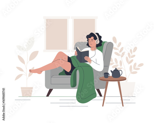 Woman Reading Book and Relaxing at Warm Home in Cold Winter. Girl Wrapped in Blanket, Cozy Armchair, and Tea. Flat Vector Illustration for Seasonal Comfort