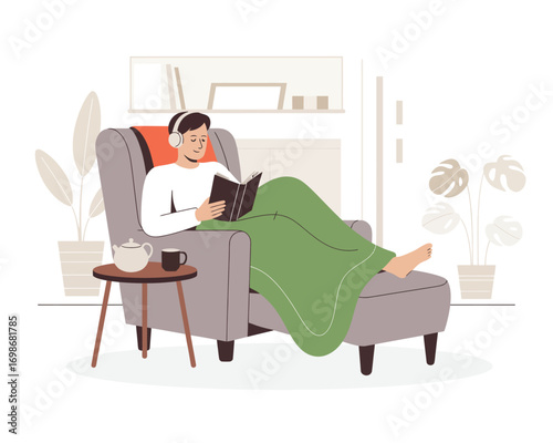 Woman Reading Book and Relaxing at Warm Home in Cold Winter. Girl Wrapped in Blanket, Cozy Armchair, and Tea. Flat Vector Illustration for Seasonal Comfort