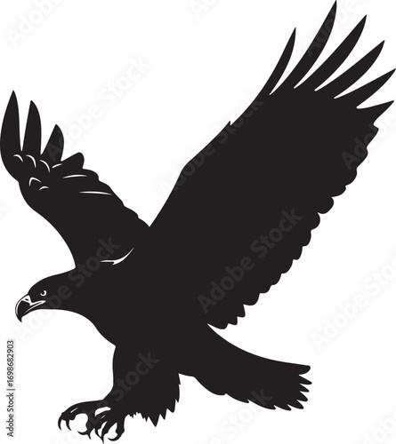 Black silhouette of an eagle in flight with wings spread wide on a white background vector illustration