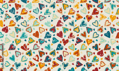Pattern of colorful grunge hearts with distressed texture, retro romantic design for love theme, valentine decoration, and creative background.