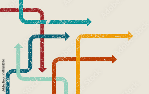 Colorful grunge arrows pointing in different directions, distressed design for retro navigation, creative choice concept, and artistic decoration.