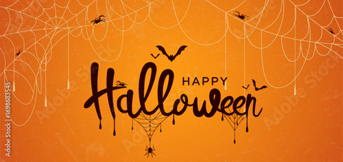 Spooky Halloween background with spider webs, bats, and crawling spiders on orange grunge texture, festive decoration for holiday cards and party invites.