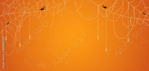 Orange background with spider web and crawling spiders, spooky decorative design for Halloween theme, party invitation, and creative projects.