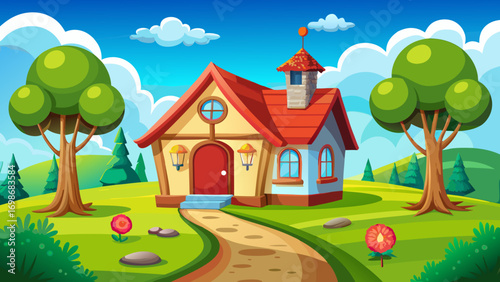  A cheerful3D cartoon background featuring a charming one-story house with a pitched roof, two large windows, and a bright red door. In front: a vibrant green lawn with dandelions, leading to a windin