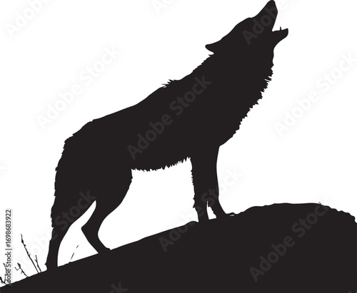 Black silhouette of a wolf howling on a rocky outcrop against a white background standing