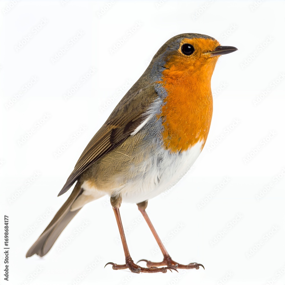 Fototapeta premium Vibrant robin portrait featuring orange plumage in meticulous detail on white background