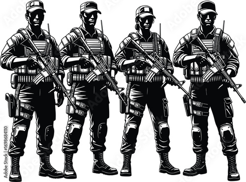 Armed military soldiers in tactical gear, group of soldiers holding rifles, combat-ready team illustration, black and white vector.