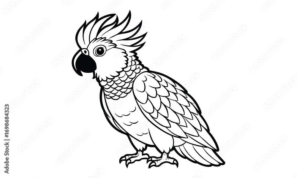 Fototapeta premium Cockatoo Kids t shirt design silhouette and vector line art, High-Quality Illustration, Ideal for Relaxation and Stress Relief, Perfect for Adult Coloring Books and Printable Art Therapy.