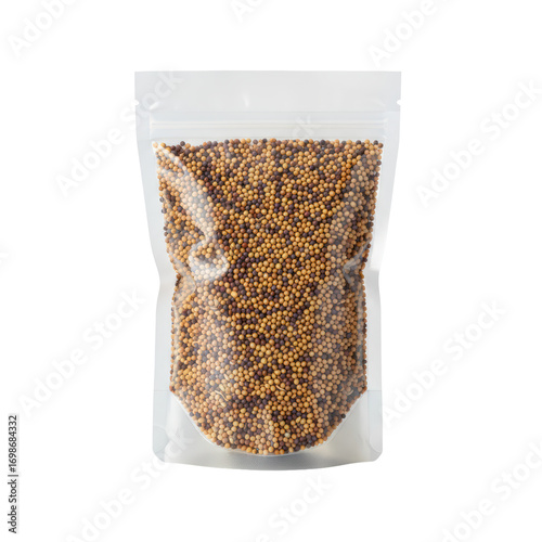 Stand up pouch filled with mixed grains and seeds isolated on transparent background