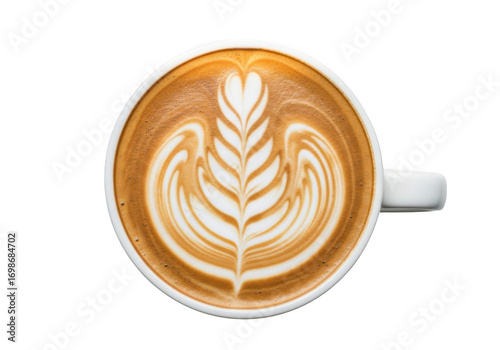 Latte art coffee cup top view isolated on transparent background