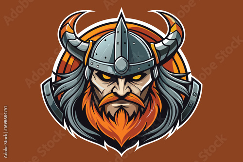 A bold, cartoonish illustration of a Viking warrior's head.