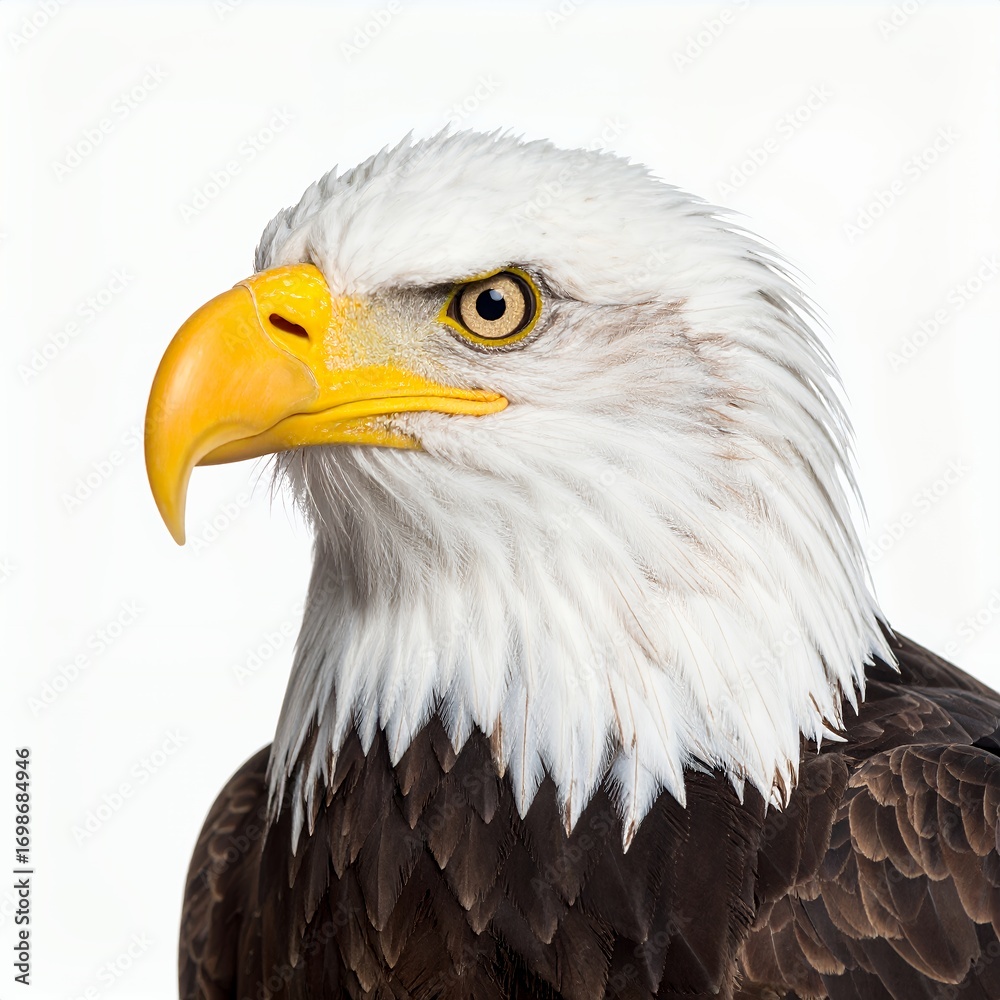 Fototapeta premium Majestic bald eagle portrait exhibiting keen gaze and regal bearing on white background