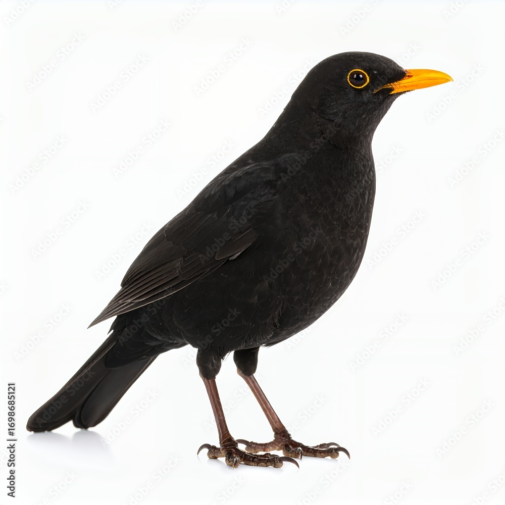 Obraz premium Elegant blackbird portrait displaying vibrant beak feathers detailed avian plumage on white background