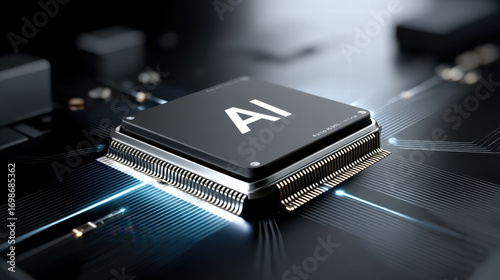 Blue light spreading from chip core creates futuristic atmosphere in this closeup of modern artificial intelligence processor